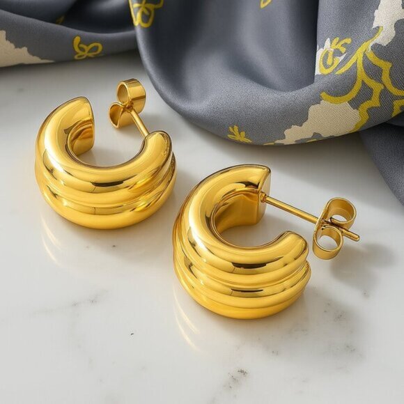 🆕Chunky Dome C-Hoop Earrings 18K Gold Plated Stainless Steel Modern Trendy - Picture 1 of 11